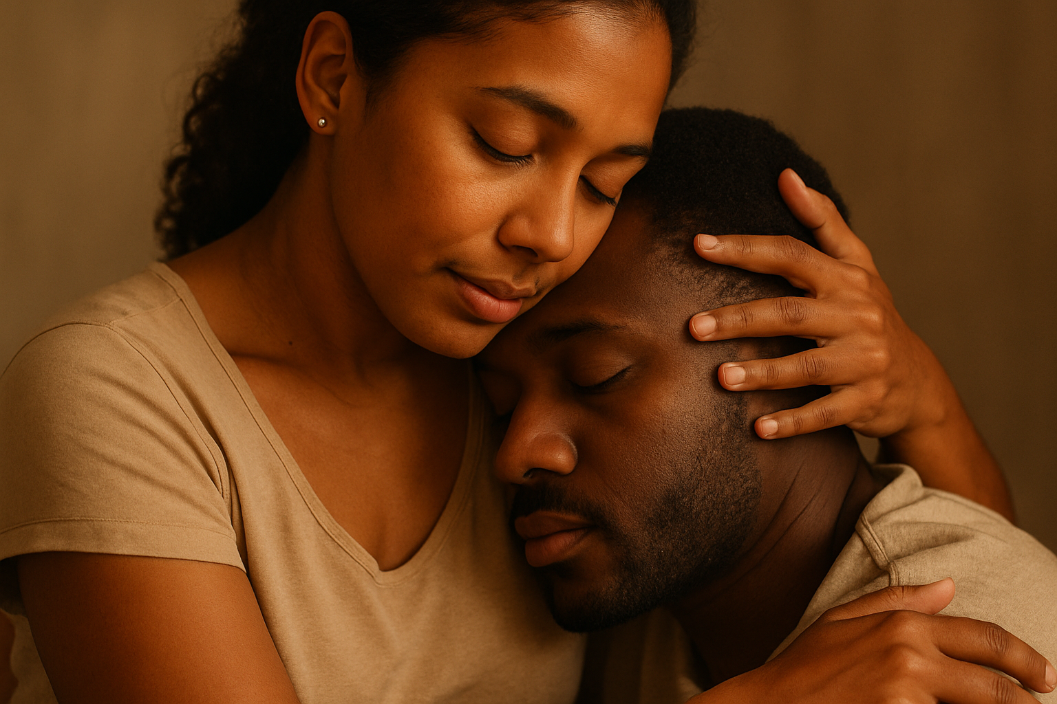 brownskin woman hugging a man on his head close to her bosom