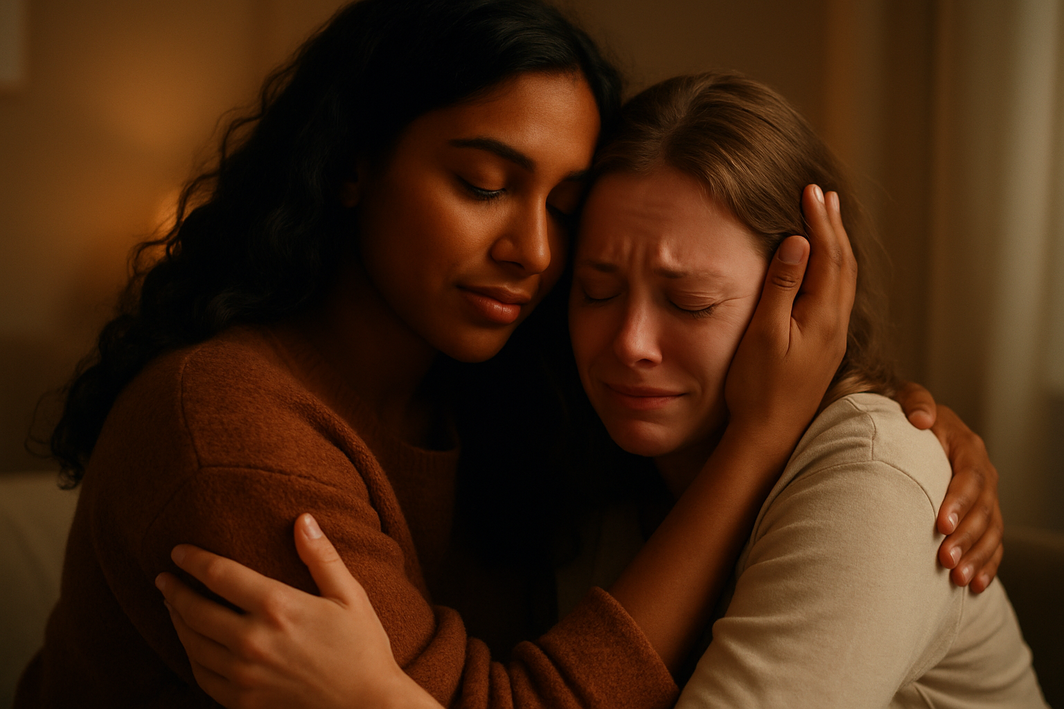 brownskin woman hugging a white woman by holding her head and hugging her through grief